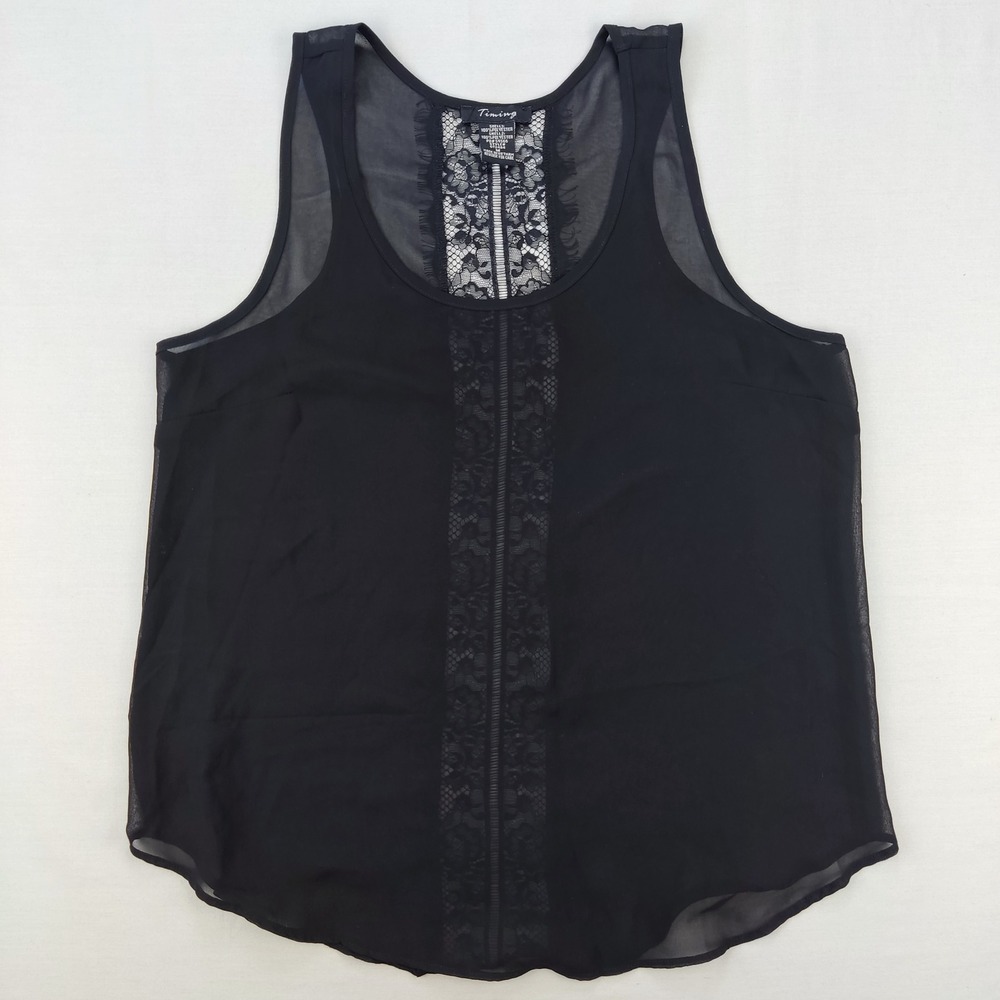 Timing Tank Top Women Medium Black GT2484 Lace Trim Sheer Mesh Sleeveless Blouse